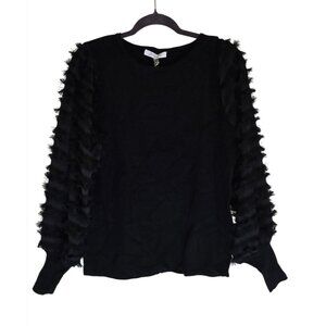 Sioni Milano Black Top With Textured Sleeve Detail Knit Compression Stretch Wome